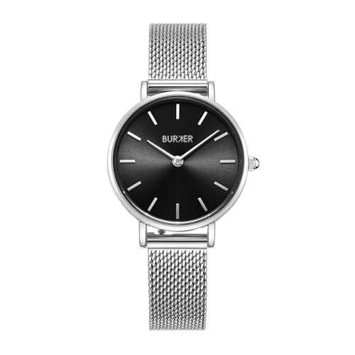 BURKER Damenuhr Ruby Petite, Runder Damen Armbanduhr Klassisch Analog Wasserdicht 3 ATM Geschenk für Frauen Geburtstag Valentinstag - Milanaise-Armband - Silber Schwarz Mesh - 28 mm von BURKER