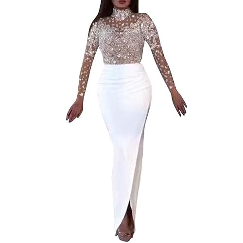 BURLOE V-Ausschnitt Meerjungfrau Abendkleider, Damen Elegante Langarm Split Party Prom Kleid Boden Langarm Pailletten Abschlussball Kleider,Weiß,S von BURLOE