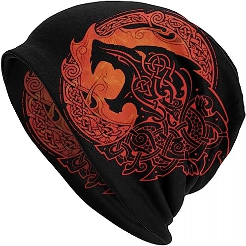 Viking Fenrir Wolf Crow Herren Symbol Tattoo Beanie, Nordische Mythologie 3D-gedruckte Dünne Mütze Strümpfe Cap Bandana, Modische Gothic Vintage Doppelschicht Slouchy Mütze von BURNAR