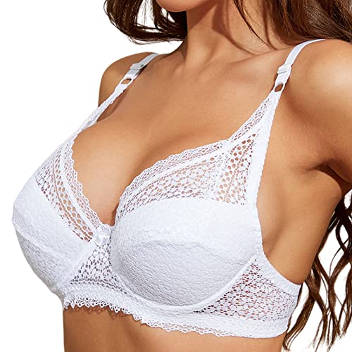 BURUVO Damen Plunge Spitzen-BH in Übergröße sexy durchsichtig Bügel Nicht gepolsterte Stahlringe BH White 90B von BURUVO