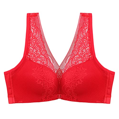 BURUVO Frauen Plus Size BH Pressed Bralette Vorderer Verschluss BH Sexy Spitze BH Wireless V Rücken BH Nahtlos Rot 105B von BURUVO