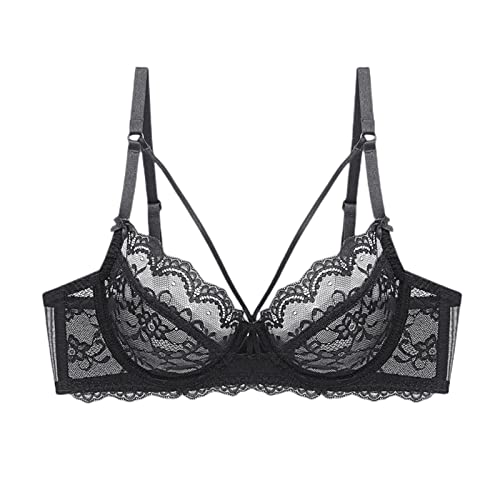 BURUVO Sexy Spitzen-BH Plus Größe kein Stahlring Riemchen-BH Damen Sommer E Cup transparent Black 100B von BURUVO