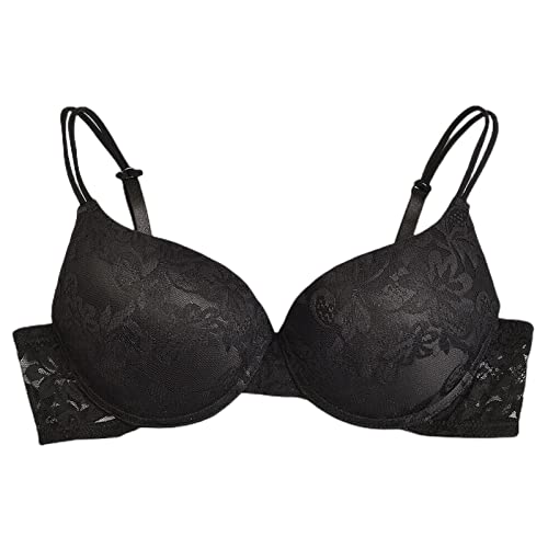 BURUVO Women's Embroidered Jacquard lace with Padding Bra with Steel Band Low Cut Bra Black 100F von BURUVO