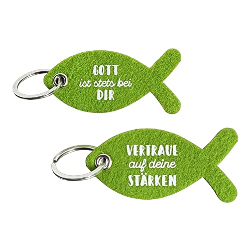 BUSDUGA 4267 Schlüsselanhänger Fisch 2 Stück je 8x4cm grün, Gott ist stets bei dir & Vertraue auf deine Stärken, Taschenanhänger Glücksbringer(2er Set) von BUSDUGA