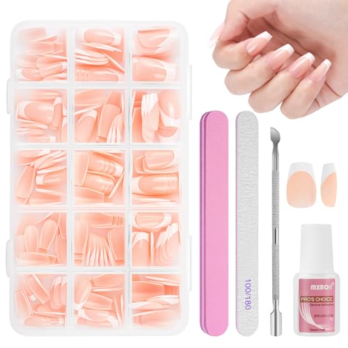 BUTBU 240 Stück Falsche Nägel Tips Set, Französisch falsche nägel Zum Aufkleben, 15 Größen French Press On nail set, Fake nails mit Kleber für Damen Und Frauen (Weiß Nude Kurz Ballerina) von BUTBU