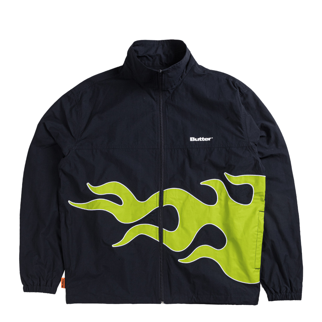 BUTTER Goods Herren Track Jacket cooler Windbreaker mit Flammengrafik Flame Jacket Navy/Grün von BUTTER