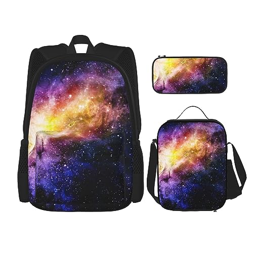 Azurit Blaugrün und Folie Gold Öl Marmor Muster Schultasche + Stiftetui + Lunchtasche Combo 3-teiliges Set Combo, Galaxie im Universum, Einheitsgröße von BUULOO