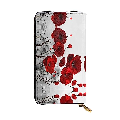 Echtes Leder Lange große Kapazität Herren und Damen Hahn und Huhn Print Reißverschluss Geldbörsen Kann als Geschenke, Kartenetui, Clutches, einteiliges poliertes Finish, Mehrfarbiges Druckmuster, Rote Mohnblume, Einheitsgröße von BUULOO