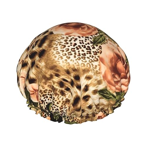 Gestreifte Leoparden-Duschhaube mit elastischer, wasserdichter Duschhaube, doppellagig, wiederverwendbar, Ohrenschützer für Männer, Frauen und Frauen von BUULOO