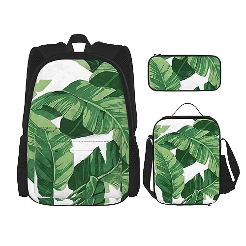 Grüne Schlangenhaut Schultasche + Stifteetui + Lunchtasche Combo 3-teiliges Set Combo, Süße grüne Palmenblätter., Einheitsgröße von BUULOO