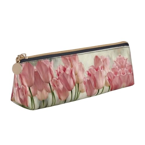 Leder Stift und Bleistift Lila Sternenhimmel Fall, Niedlich Slim Pen Case, Niedliche Schreibwaren Tasche, Tragbare Kosmetiktasche, Reißverschluss Tasche., Rosa Tulpen, Einheitsgröße, Lässiger von BUULOO