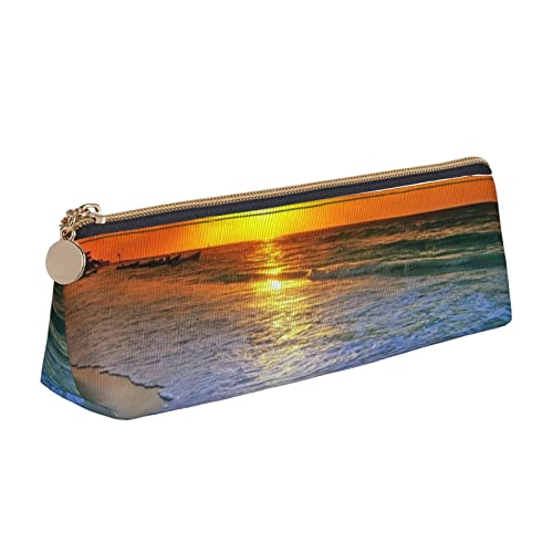 Leder Stift und Bleistift Marienkäfer Fall, niedliche schlanke Stifteetui, niedliche Schreibwaren-Tasche, tragbare Kosmetiktasche, Reißverschluss-Tasche., Strand mit Sonnenuntergang, Einheitsgröße, von BUULOO