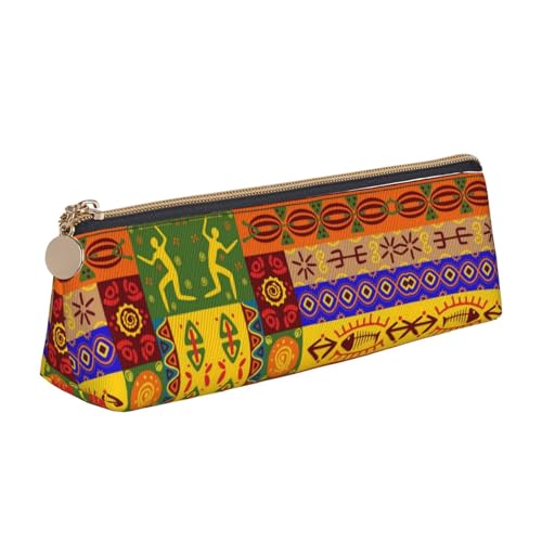 Leder Stift und Bleistift Rotbraun Rindsleder Fall, Niedliche schlanke Stifteetui, niedliche Schreibwaren-Tasche, tragbare Kosmetiktasche, Reißverschluss-Tasche., Afrikanische Nationalmuster., von BUULOO