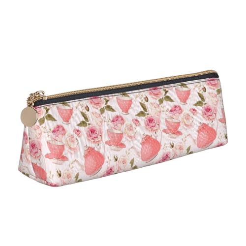 Leder Stift und Bleistift Tropischer Regenwald Dschungelszene Fall Niedlich Schlank Stift Fall Niedlich Schreibwaren Tasche Tragbare Kosmetiktasche Reißverschluss Tasche, Teebecher mit Rosen von BUULOO