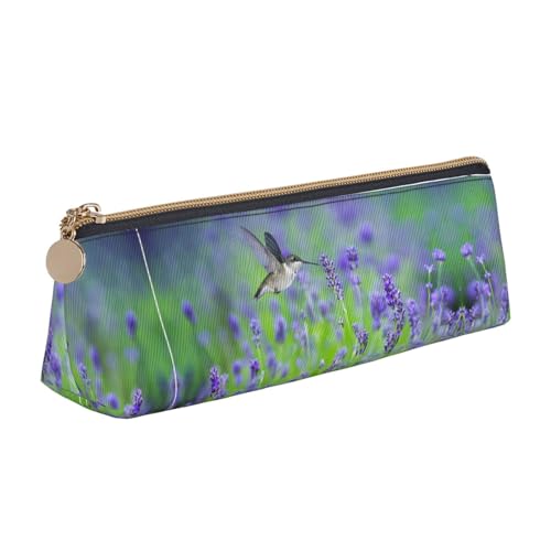 Leder Stift und Bleistift Weiß Natur Grün Zweig Fall Niedlich Schlank Stift Fall Niedlich Schreibwaren Tasche Tragbare Kosmetiktasche Reißverschluss Tasche, Vogel in lila Lavendel Blumen, von BUULOO