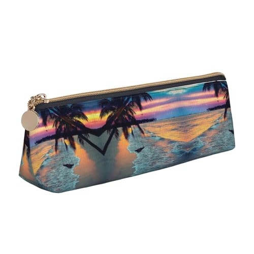 Leder Stift und Bleistift Weiß Strand Tropisches Meer Fall, Niedliche schlanke Stifteetui, niedliche Schreibwaren-Tasche, tragbare Kosmetiktasche, Reißverschluss-Tasche., Kokosnuss Beach Sunset von BUULOO