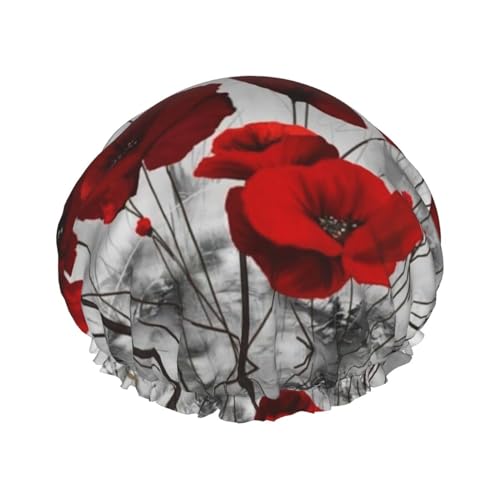 Rote Mohnblumen-Duschhaube mit elastischer, wasserdichter Duschhaube, doppellagig, wiederverwendbar, Ohrenschützer für Männer, Frauen und Frauen von BUULOO