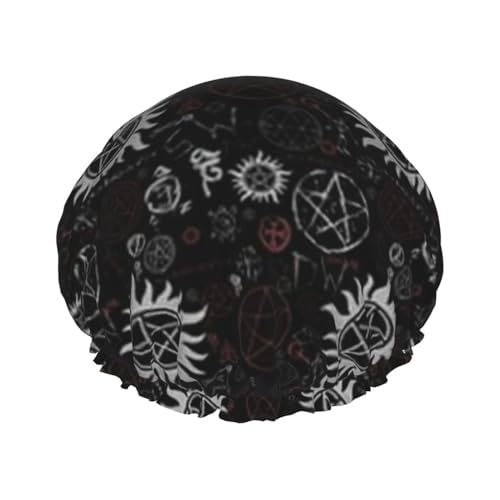 Supernatural Symbole Schwarze Duschhaube mit elastischem, wasserdichtem Duschhaube, doppellagig, wiederverwendbar, Ohrenschützer für Männer, Frauen und Frauen von BUULOO