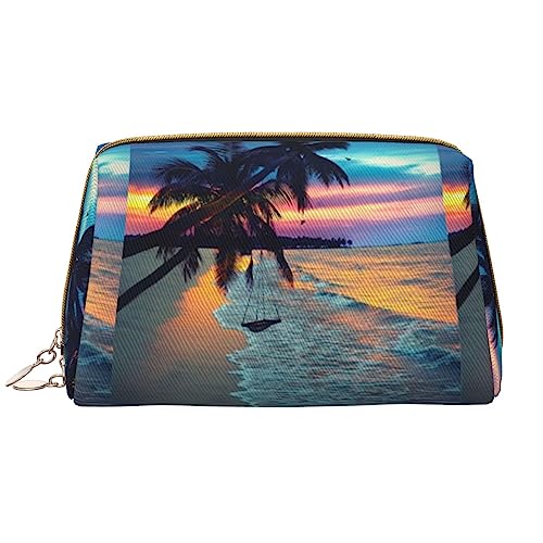 Tragbare Make-up-Tasche aus Leder mit Sonnenuntergang, hawaiianische Palmen, große Kapazität, Reise-Make-up-Tasche, Kulturbeutel, Reise-Organizer, tragbare Make-up-Tasche., Kokosnuss Beach Sunset Hängematte, Einheitsgröße von BUULOO