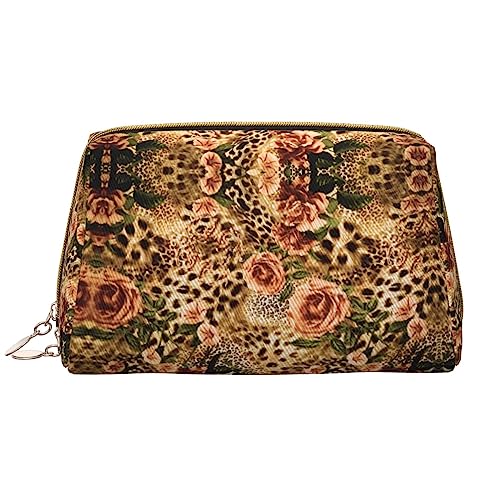 Tragbare Make-up-Tasche aus Leder mit Sonnenuntergang, hawaiianische Palmen, große Kapazität, Reise-Make-up-Tasche, Kulturbeutel, Reise-Organizer, tragbare Make-up-Tasche., gestreiftes Leopard, Einheitsgröße von BUULOO