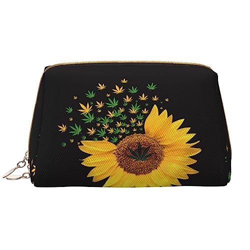 Tragbares Unkrautleder mit Sonnenblumen-Make-up-Tasche, große Kapazität, Reise-Make-up-Tasche, Kulturbeutel, Reise-Organizer, tragbare Make-up-Tasche., Unkraut mit Sonnenblume, Einheitsgröße von BUULOO