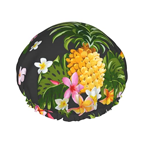 Tropische Ananas hawaiianische Duschhaube mit elastischer, wasserdichter Duschhaube, doppellagig, wiederverwendbar, Ohrenschützer für Männer, Frauen und Frauen von BUULOO