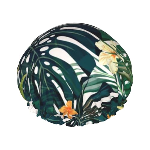 Tropische Sommer-Hawaii-Blumen-Palmenblätter-Duschhaube mit elastischem, wasserdichtem Duschhaube, doppellagig, wiederverwendbar, Ohrenschützer für Männer, Frauen, Frauen von BUULOO