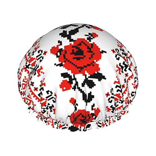 Ukrainische Stickerei-Stil Rose Duschhaube mit elastischer, wasserdichter Duschhaube, doppellagig, wiederverwendbar, Ohrenschützer für Männer, Frauen und Frauen. von BUULOO