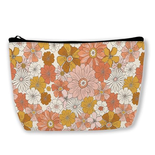 BUYIDUI Make-up-Tasche im Retro-Stil, Hippie-Blumen, Kosmetiktasche für Damen und Mädchen, tragbare Make-up-Tasche, Reise-Kulturbeutel, Retro 70er 60er Jahre Floral Hippie Blumen von BUYIDUI