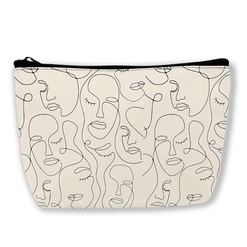 BUYIDUI Make-up-Tasche mit schwarzer Katze, Kosmetiktasche für Damen und Mädchen, tragbare Make-up-Tasche, Reise-Kulturbeutel, Frauen Gesichter durchgehende Linienkunst, abstrakt, minimalistisch von BUYIDUI