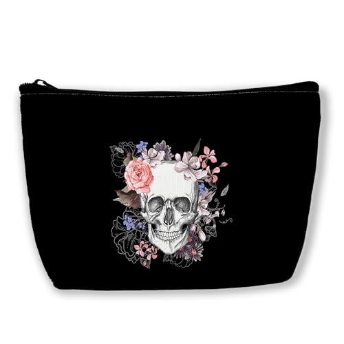 BUYIDUI Make-up-Tasche mit schwarzer Katze, Kosmetiktasche für Damen und Mädchen, tragbare Make-up-Tasche, Reise-Kulturbeutel, Totenkopf mit Blumen von BUYIDUI