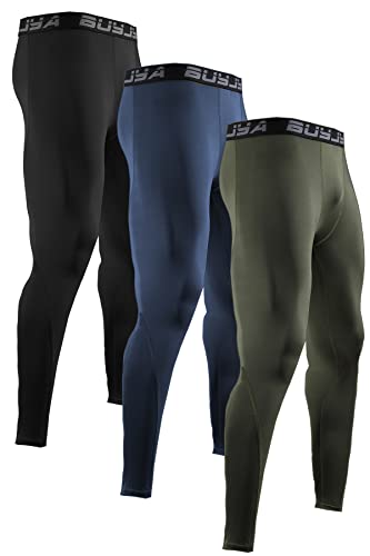 BUYJYA 3er-Pack Kompressionshosen für Herren, Laufhose, Workout-Leggings, sportlich, kühl, trocken, Yoga, Fitnessstudio, Kleidung, Geschenk, Blue-Army Green-Black, 3XL von BUYJYA