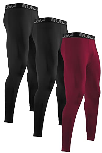 BUYJYA 3er-Pack Herren Kompressionshose Laufhose Workout Leggings Athletic Cool Dry Yoga Gym Kleidung Geschenk, Schwarz-Schwarz-Purpurrot, X-Groß von BUYJYA