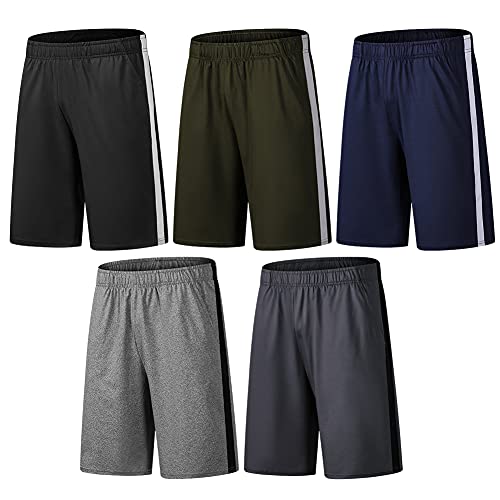 BUYJYA Herren Active Athletic Shorts 5er oder 3er Pack für Workouts Basketball Fußball Badminton Übung Laufen Gym, Schwarz-Armee Grün-Marine Blau-hellgrau-dunkelgrau, Groß von BUYJYA