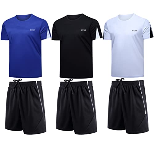 BUYJYA Herren Active Athletic Shorts Shirt Set 3 Pack für Workouts Basketball Fußball Übung Training Laufen, Schwarz-Weiß-Blau, Groß von BUYJYA