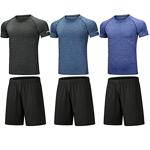 BUYJYA Herren Casual Sport Shorts Shirt Set 3er Pack für Workout Gym Laufen Basketball Fußball Training, Cool (gelb-grün-blau), XX-Large von BUYJYA