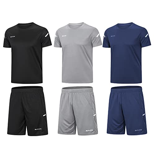 BUYJYA Herren Trainingskleidung Active Athletic Shorts Shirt Set 1 oder 3 Pack für Basketball Fußball Training Laufen, Schwarz-Navy-Grau, 3X-Groß von BUYJYA