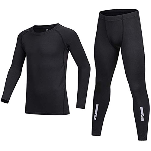 BUYKUD Kinder Mädchen Jungen Langarm Athletic Base Layer Kompression Unterwäsche Shirt & Strumpfhose Set Unisex, Schwarz , 12-13 Jahre von BUYKUD