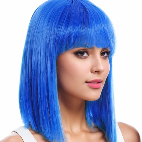 BUYOGET Blaue Bob-Perücken mit flachem Pony 13 Zoll Striaght Schulter Perücken für Frauen Cosplay Kostüm Party Perücke BUYOGET Blaue Bob-Perücken mit flachem Pony 13 Zoll Striaght Schulter Perücken für Frauen Cosplay Kostüm Party Perücke von BUYOGET