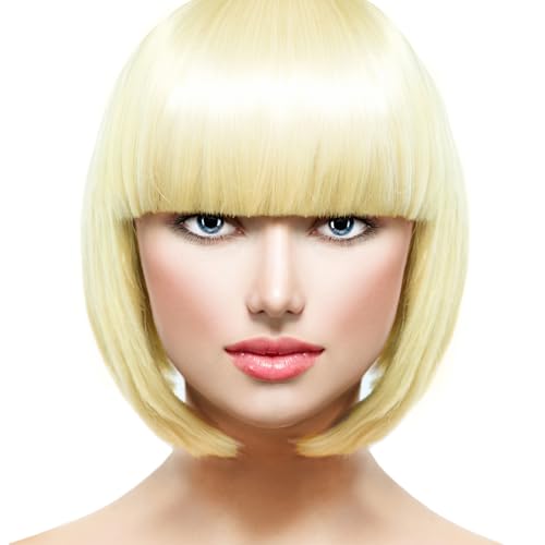BUYOGET Blonde Bob Perücke mit Fransen 12 Zoll kurz gerade Kostüm Perücken für Frauen Cosplay Party Halloween von BUYOGET