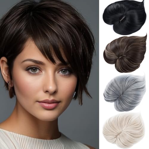 BUYOGET Braune graue Haarauflage für dünner werdendes Haar, kurz, 17,8 cm, 15,2 x 15,2 cm, Basis mit 3 Clips im Haarteil, für Damen und Herren von BUYOGET