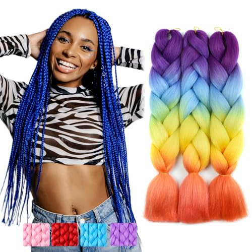 BUYOGET Jumbo Flechthaarverlängerungen für Damen 3 Bündel 24 Zoll Hochtemperatur-Kanekalon Flechthaar für Twist Crochet Box Braids Lila+Blau+Gelb+Orange BUYOGET Jumbo Flechthaarverlängerungen für Damen 3 Bündel 24 Zoll Hochtemperatur-Kanekalon Flechthaar für Twist Crochet Box Braids Lila+Blau+Gelb+Orange von BUYOGET