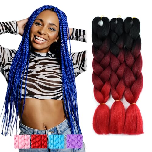 BUYOGET Jumbo Flechthaarverlängerungen für Damen 3 Bündel 24 Zoll Hochtemperatur-Kanekalon Flechthaar für Twist Crochet Box Braids Schwarz+Dunkelrot+Rot BUYOGET Jumbo Flechthaarverlängerungen für Damen 3 Bündel 24 Zoll Hochtemperatur-Kanekalon Flechthaar für Twist Crochet Box Braids Schwarz+Dunkelrot+Rot von BUYOGET