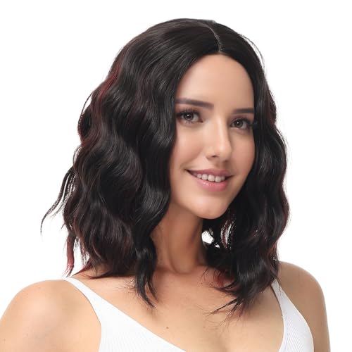 BUYOGET Mittellange Kurze Perücke Welliges Bob Haar Realistische Natürliche Lace Front Kopfhaut Verstellbar Synthetische Schulterlange Lockenperücke für Frauen Schwarz gemischt mit Rot von BUYOGET