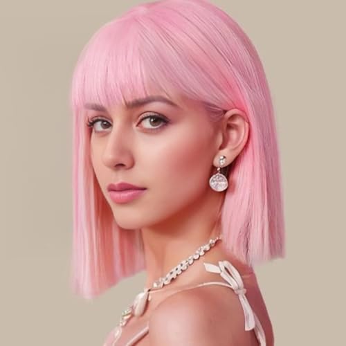 BUYOGET Pfirsichrosa Bob Perücken mit flachem Pony 13 Zoll Striaght Schulter Perücken für Frauen Cosplay Kostüm Party Perücke BUYOGET Pfirsichrosa Bob Perücken mit flachem Pony 13 Zoll Striaght Schulter Perücken für Frauen Cosplay Kostüm Party Perücke von BUYOGET