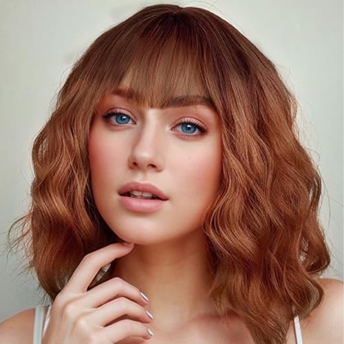 BUYOGET Wavy Bob Perücke mit Pony Kunsthaar Schulterlänge 12 Zoll Kurze lockige Perücken für Frauen Ombre Ginger von BUYOGET