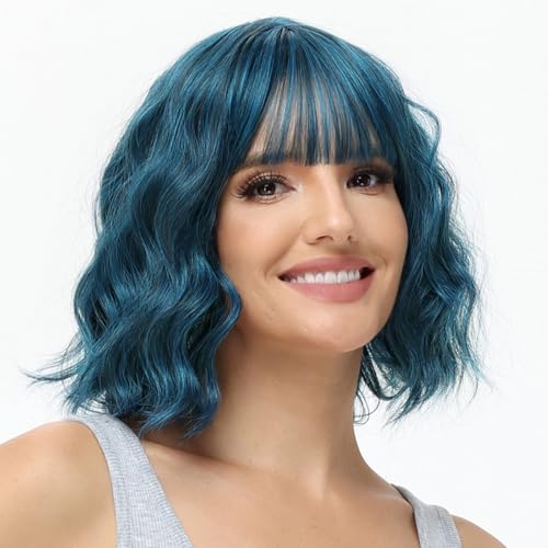 BUYOGET Wavy Bob Perücke mit Pony Synthetisches Haar Schulterlänge 12 Zoll Kurze lockige Perücken für Frauen Natürlich Blau von BUYOGET
