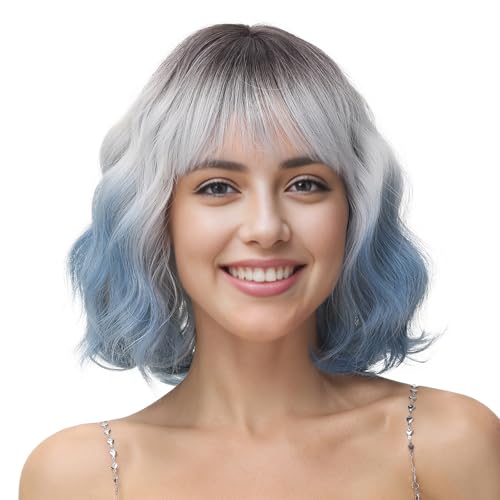 BUYOGET Wavy Bob Perücke mit Pony Synthetisches Haar Schulterlänge 12 Zoll Kurze lockige Perücken für Frauen Ombre Silber zu Blau BUYOGET Wavy Bob Perücke mit Pony Synthetisches Haar Schulterlänge 12 Zoll Kurze lockige Perücken für Frauen Ombre Silber zu Blau von BUYOGET