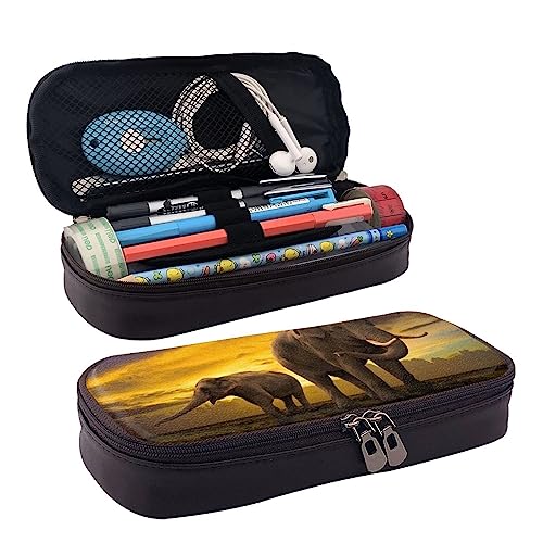 BUYQKANXX Federmäppchen aus PU-Leder mit Sonnenuntergang-Elefanten-Motiv, kompakt und vielseitig, Schreibwaren-Organizer, niedliches Federmäppchen, Bleistift-Organizer mit Reißverschluss, Schwarz , BUYQKANXX Federmäppchen aus PU-Leder mit Sonnenuntergang-Elefanten-Motiv, kompakt und vielseitig, Schreibwaren-Organizer, niedliches Federmäppchen, Bleistift-Organizer mit Reißverschluss, Schwarz , von BUYQKANXX