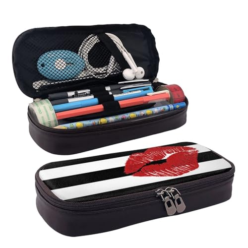 Federmäppchen mit rotem Mund bedruckt mit schwarz-weißen Streifen aus PU-Leder – kompakt und vielseitig, Schreibwaren-Organizer, niedliches Federmäppchen, Bleistift-Organizer mit Reißverschluss, Federmäppchen mit rotem Mund bedruckt mit schwarz-weißen Streifen aus PU-Leder – kompakt und vielseitig, Schreibwaren-Organizer, niedliches Federmäppchen, Bleistift-Organizer mit Reißverschluss, von BUYQKANXX